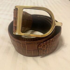 Christian Dior Brown Crocodile Embossed Belt with Gold Buckle